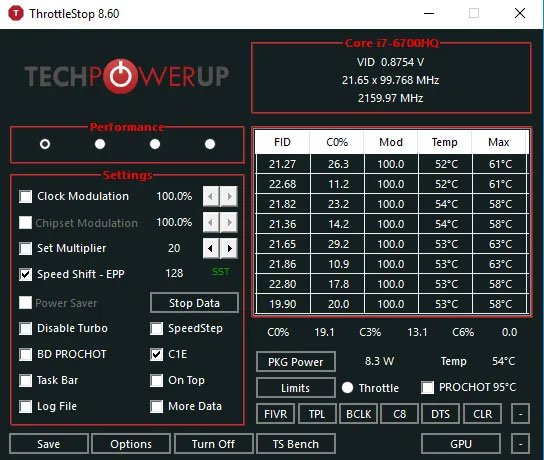 Màn hình chính của Throttlestop