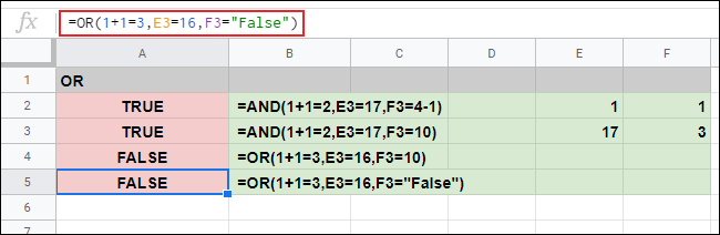 Công thức OR trong các ô A4 và A5 trả về phản hồi FALSE