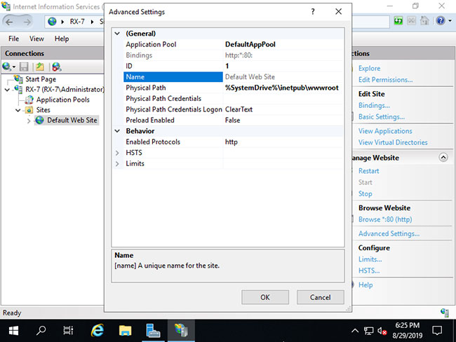 Chọn Default Web Site và nhấp vào Advanced Settings...