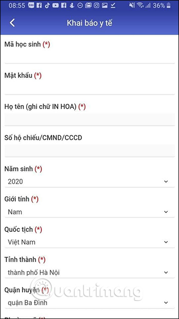 Nhập thông tin của học sinh
