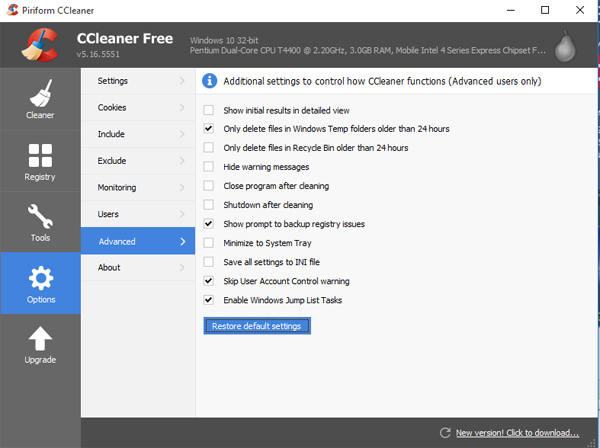Hướng dẫn khôi phục cài đặt gốc cho CCleaner