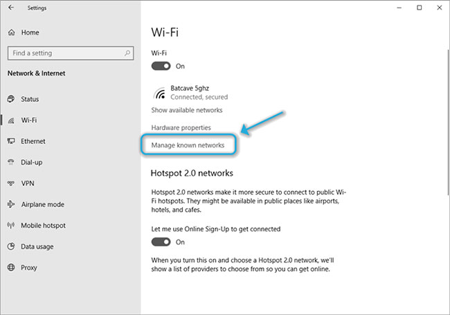 Nhấp vào WiFi, chọn Manage known networks