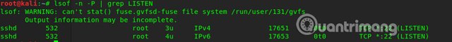 Sử dụng lệnh lsof -n -P | grep LISTEN