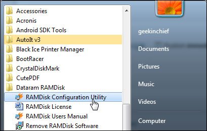  Chạy tiện ích RamDisk Configuration Utility từ Start Menu