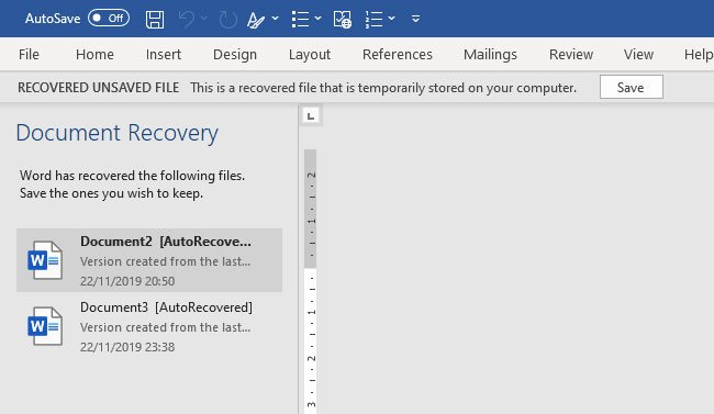 Document AutoRecovery trong Microsoft Office 2019