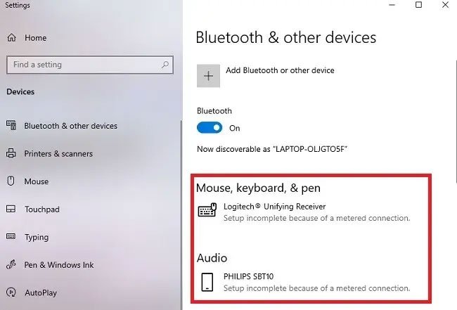 Thông báo lỗi “Setup incomplete because of a metered connection” khi kết nối thiết bị