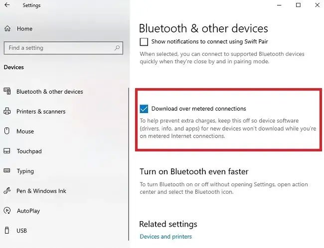 Chọn hộp cho phép tải xuống qua Metered Connection