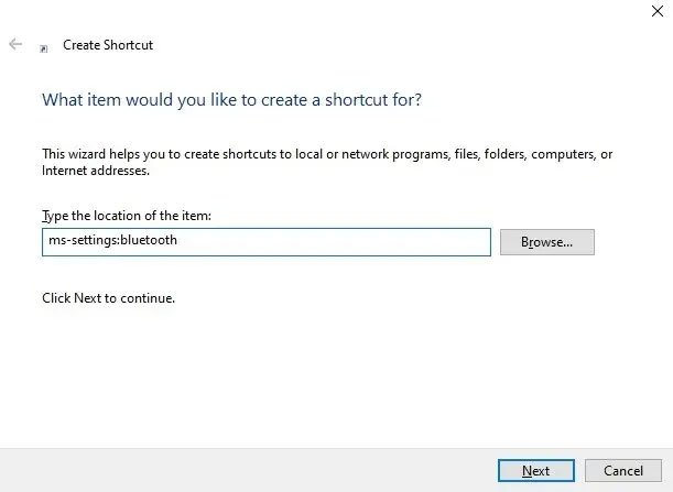 Sao chép và dán các mục vào hộp vị trí shortcut - ms-settings:bluetooth