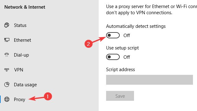 Tắt Automatically detect settings