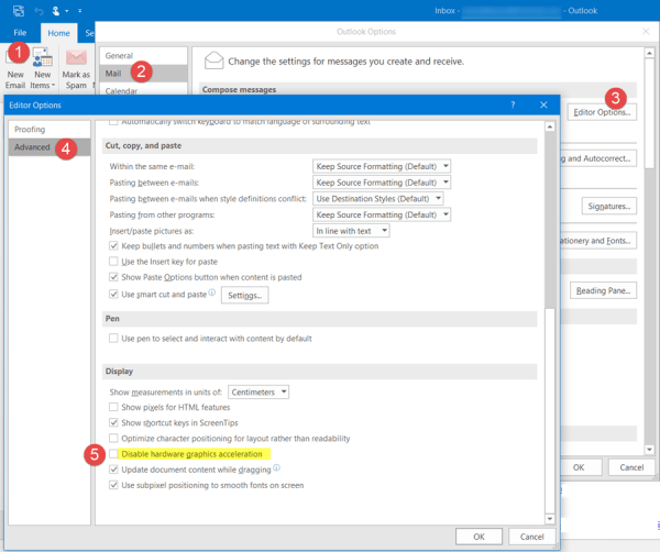 Vô hiệu hóa Hardware Graphics Acceleration Outlook