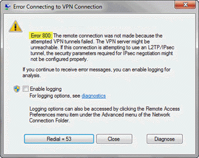 Lỗi 800 xảy ra khi bạn đang cố thiết lập kết nối mới với máy chủ VPN