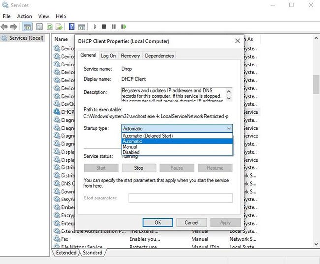 Chọn Automatic từ menu drop-down "Startup type"