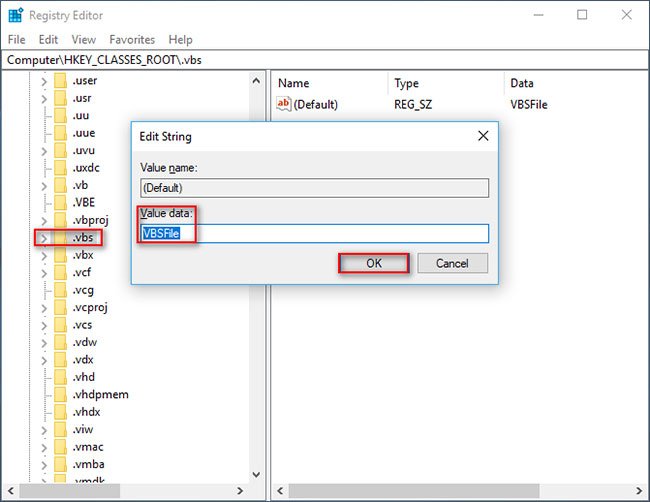 Thay đổi Value Data thành VBSfile
