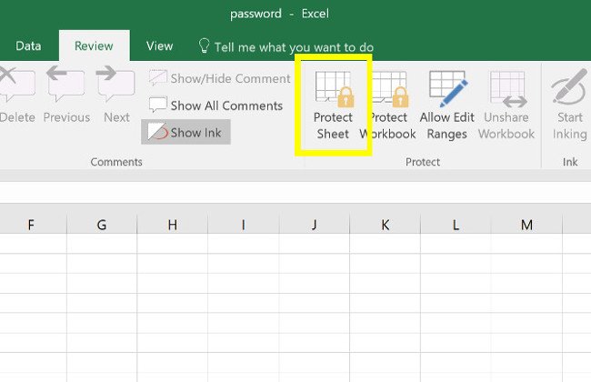 Di chuyển tới tab Review (Đánh giá) và nhấp vào Protect Sheet (Bảo vệ trang tính).