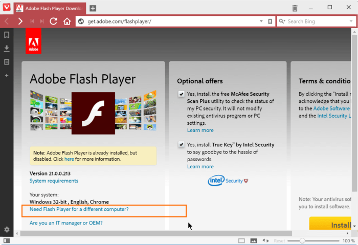  chọn liên kết Need flash player for a different player
