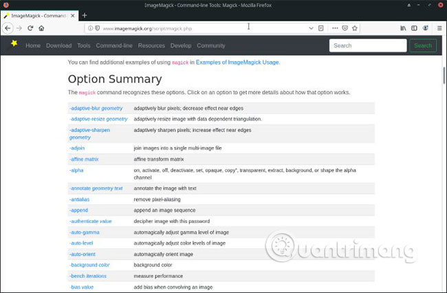 Truy cập trang Options Summary của ImageMagick