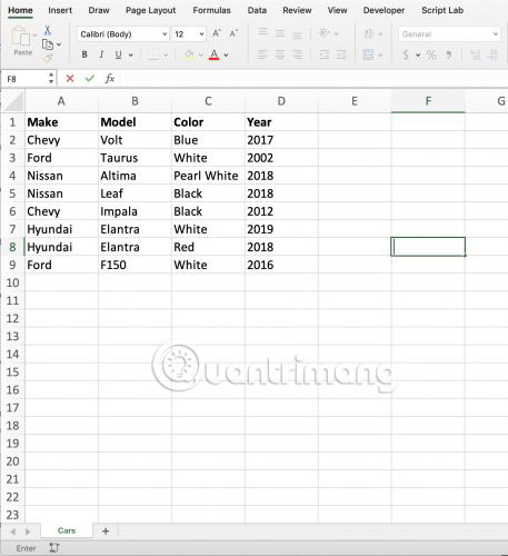 Một workbook Excel có tên Cars.xlsx