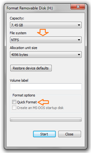  thay đổi mục File System thành NTFS