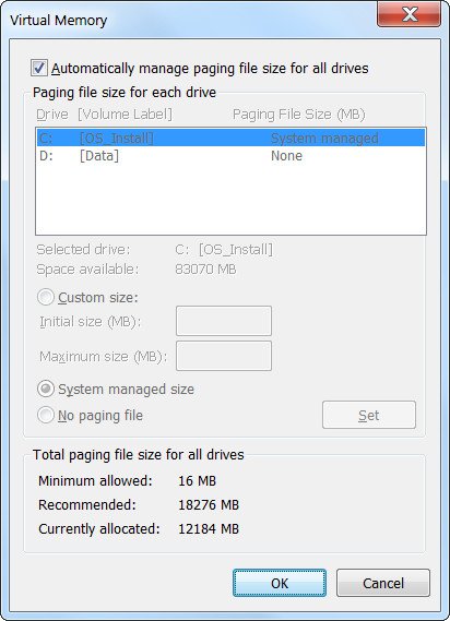Chọn tự động quản lý page file 