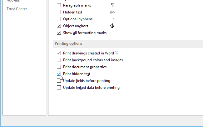 Print hidden text