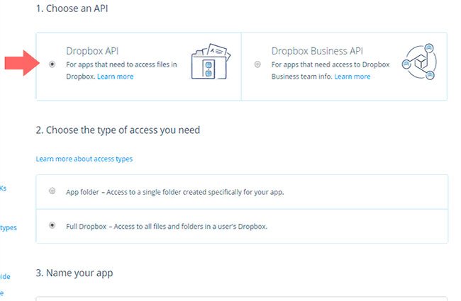Chọn loại quyền truy cập vào Dropbox và nhập tên ứng dụng