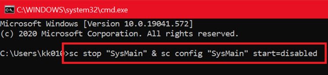 Vô hiệu hóa SysMain bằng Command Prompt với quyền admin