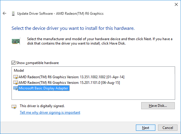 Đánh tích chọn tùy chọn “Show compatible hardware”, sau đó chọn “Microsoft basic display adapter” 