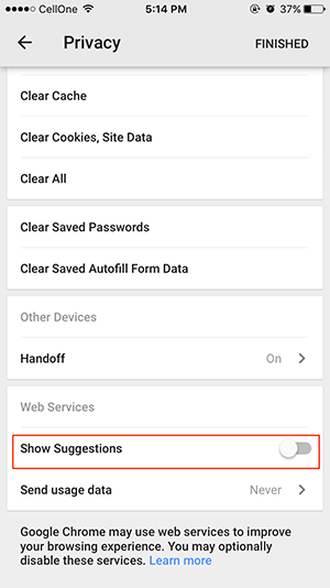 vô hiệu hóa tùy chọn Show Suggestion 
