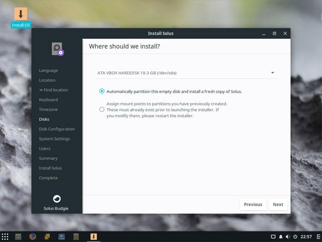 Các tùy chọn disks khi cài Solus Linux