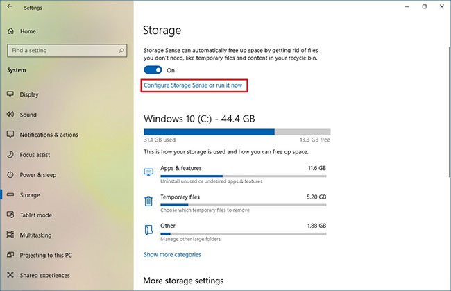 Nhấp vào tùy chọn Configure Storage Sense or run it now