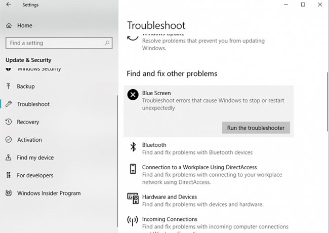 Nhấp vào Blue Screen và đi tới Run the troubleshooter