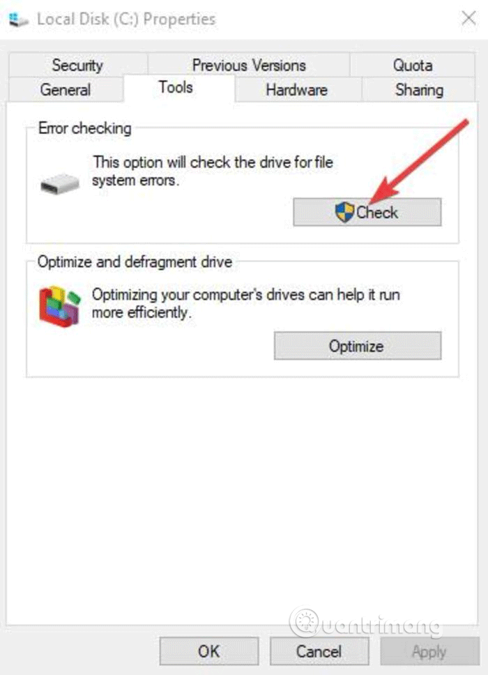 Click vào Check trong Error checking