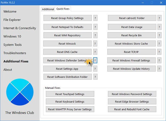 Sử dụng FixWin để reset lại cài đặt Microsoft Defender về mặc định