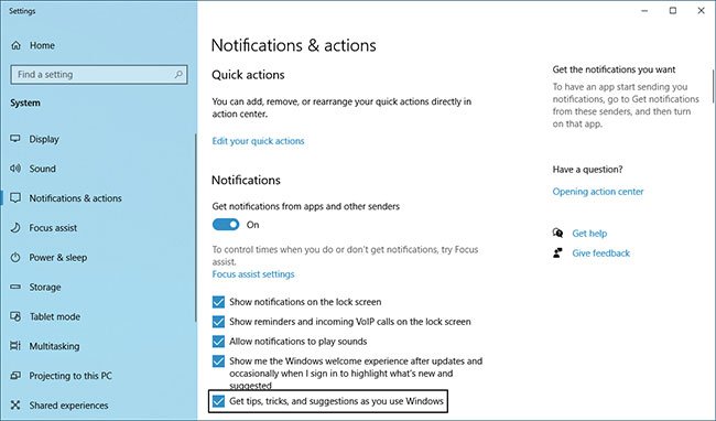Tắt Tips và Notifications