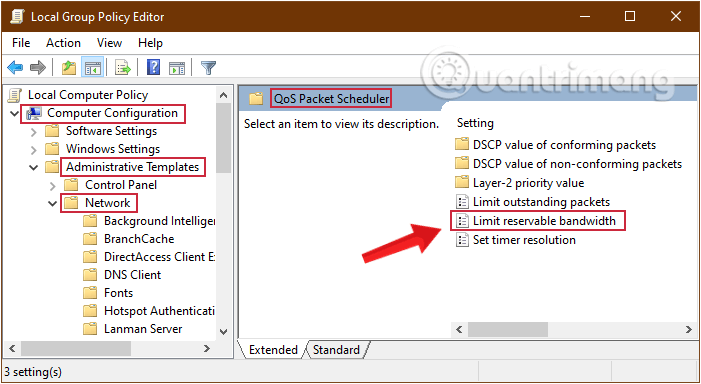 Tìm tùy chọn Limit Reservable Bandwidth trong QOS Packet Scheduler