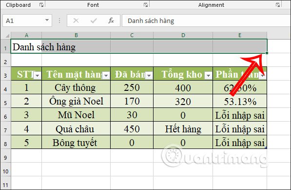 Chọn Entire row 