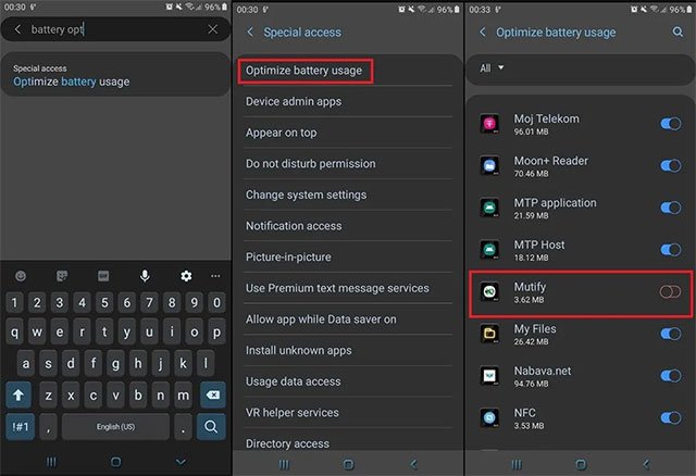 Tắt tính năng tối ưu hóa pin cho Mutify