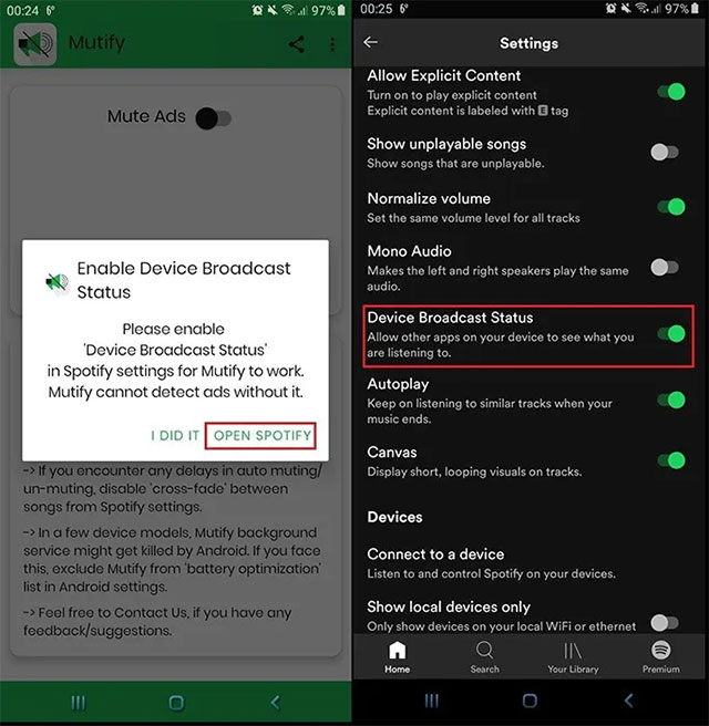 Bật tính năng “Device Broadcast Status”