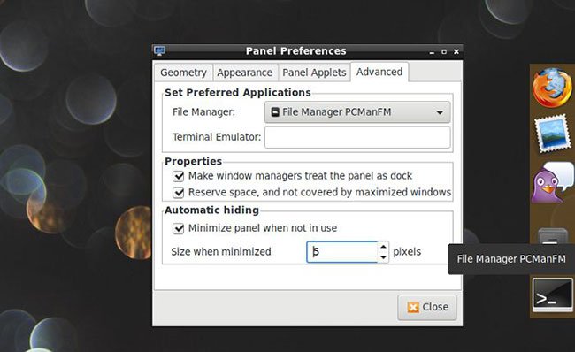 “Size when minimized” cho phép bạn thiết lập việc bảng điều khiển sẽ chiếm bao nhiêu không gian, khi nó bị ẩn trên màn hình