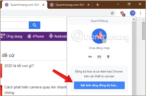 Bật tính năng đồng bộ hóa... để có thể lưu bookmark, lịch sử, cài mật khẩu...