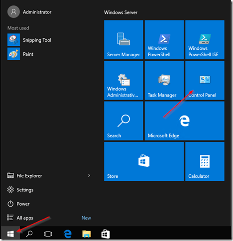 Đăng nhập vào Windows Server 2016 và nhấp vào nút Start, sau đó nhấn vào Control Panel