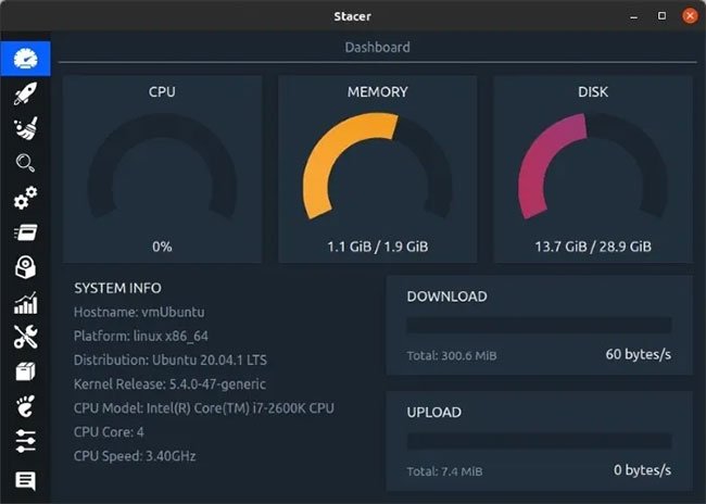 Stacer trình bày thông tin thời gian thực về việc sử dụng CPU, bộ nhớ, ổ đĩa và băng thông