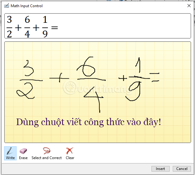 Dùng chuột viết công thức toán học trong khung ô ly vàng