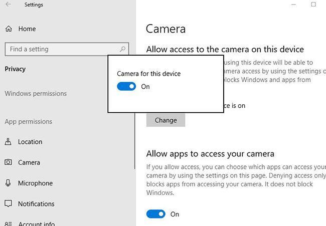 Đặt Camera access for this device thành On