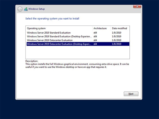 Chọn phiên bản Windows Server bạn muốn cài đặt