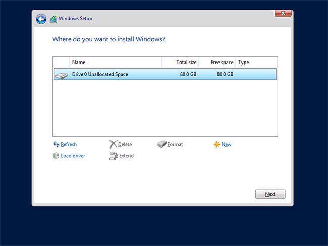 Chọn phân vùng để cài đặt Windows Server
