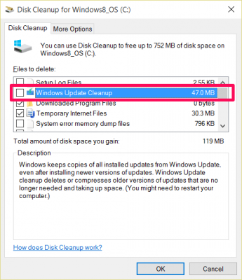  Đánh tích chọn Windows Update Cleanup.