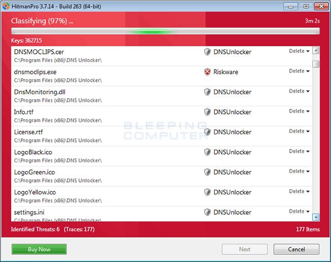 Nhấp vào nút Next để HitmanPro loại bỏ các mục được phát hiện