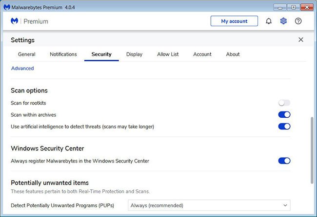 Bật cài đặt Scan for rootkits