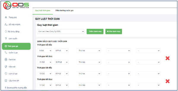 Thêm quy luật thời gian cho danh mục giờ làm việc công ty ODS